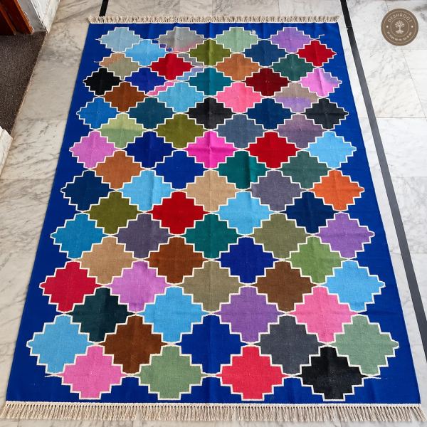 Blue Multicolour Lattice Geometric Handwoven Durrie