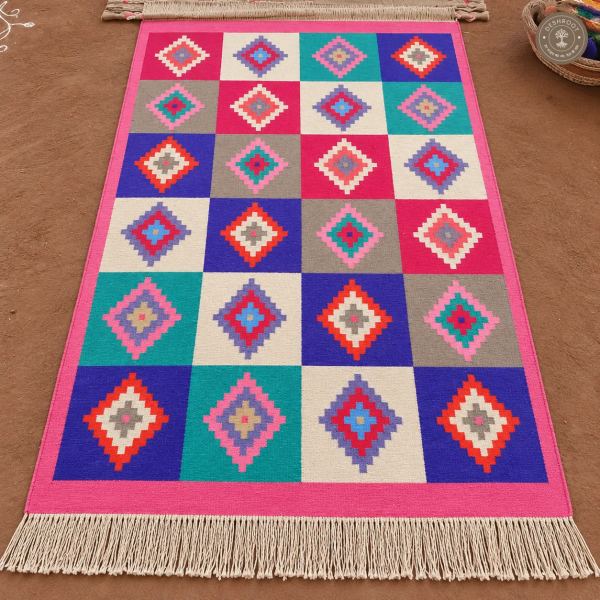Multicolour Diamond Grid Handwoven Durrie