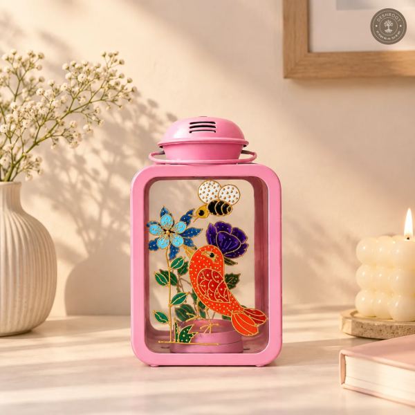Hand Painted Pink Glass Lantern - Floral Botanical Decorative Accent