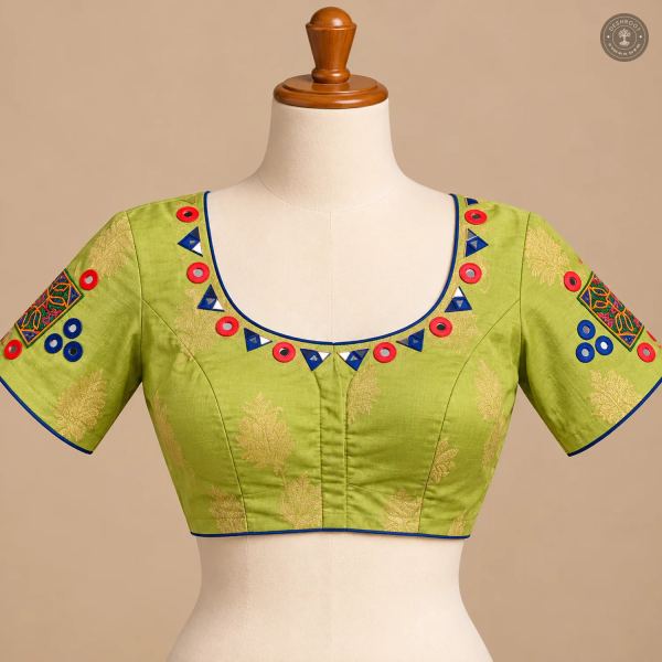 Green Dola Silk Designer Blouse with Multicolour Embellished Neckline