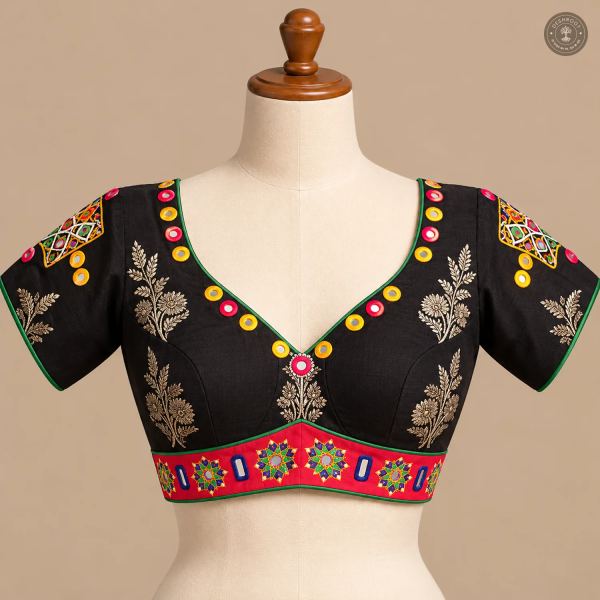 Black Pure Dola Silk Blouse with Handcrafted Vintage Mirror Work