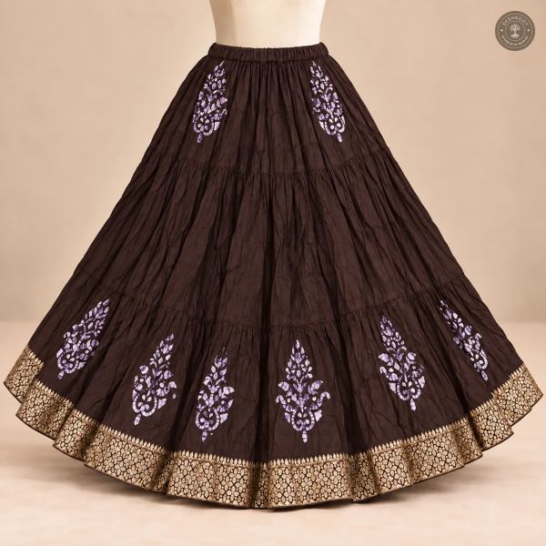 Brown Dola Silk Chaniya Ghagra with Floral Motifs & Golden Border