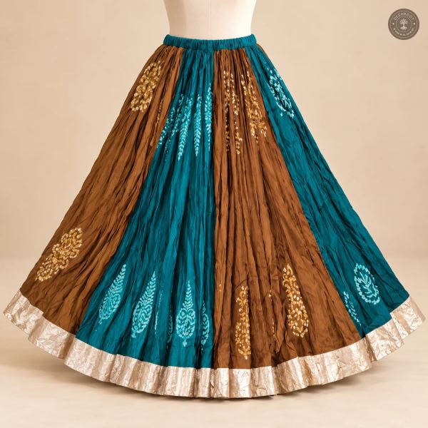 Teal Brown Patchwork Dola Silk Chaniya Ghagra