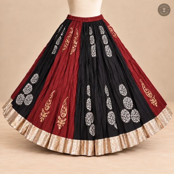Red & Black Dola Silk Chaniya Ghagra with Printed Motifs & Golden Border