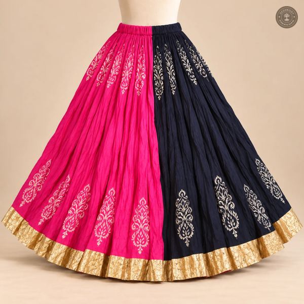 Pink Navy Dual-Tone Dola Silk Chaniya Ghagra