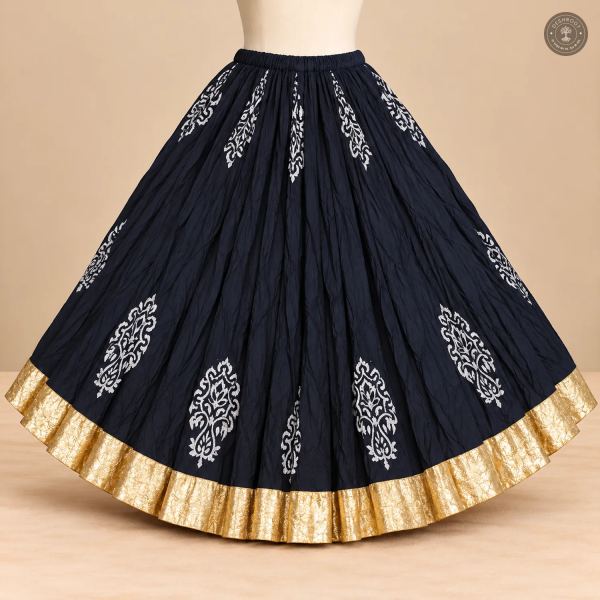 Navy Blue Dola Silk Chaniya Ghagra with White Motifs & Golden Border