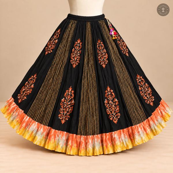 Black Dola Silk Chaniya Ghagra with Orange Motifs & Multicolour Flared Border