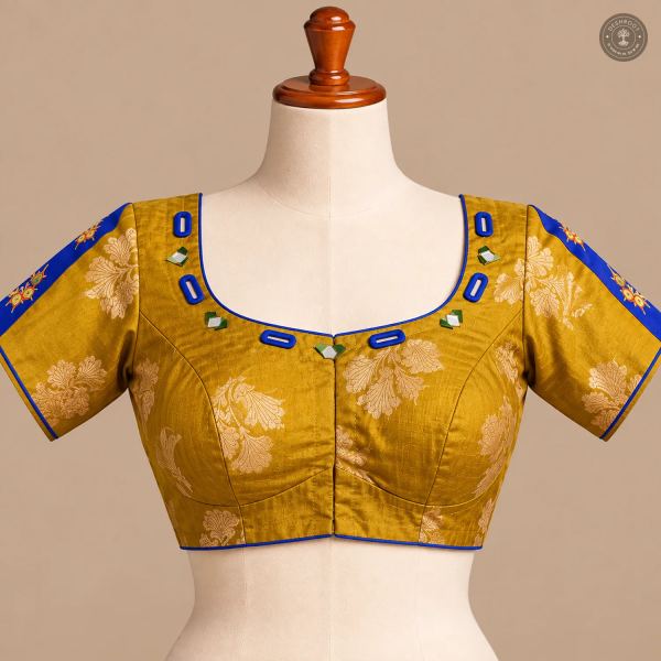 Mustard Gold Pure Dola Silk Blouse with Hand Mirror & Patch Work