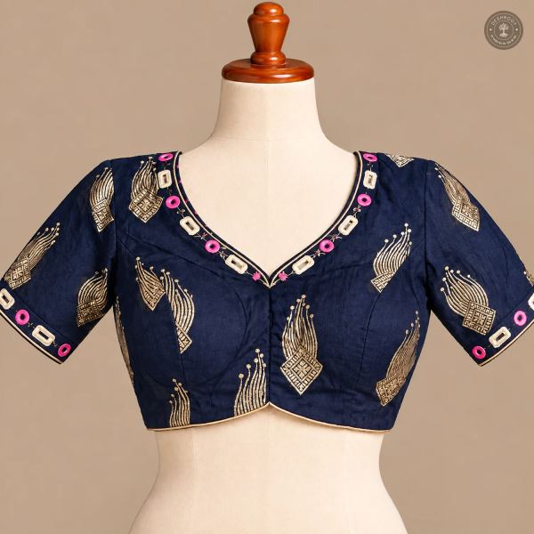 Navy Blue Pure Dola Silk Blouse with Hand Mirror Work