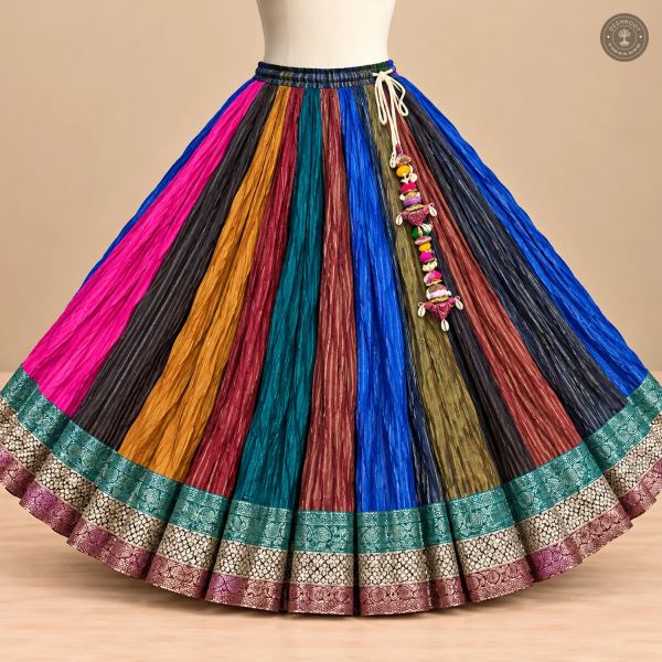Multicolour Dola Silk Chaniya Ghagra with Decorative Border & Tassel Detailing