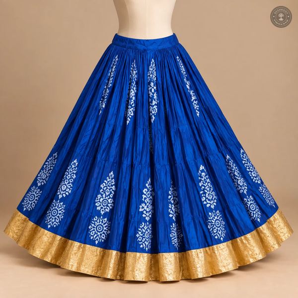 Royal Blue Dola Silk Chaniya Ghagra with White Floral Motifs & Golden Border