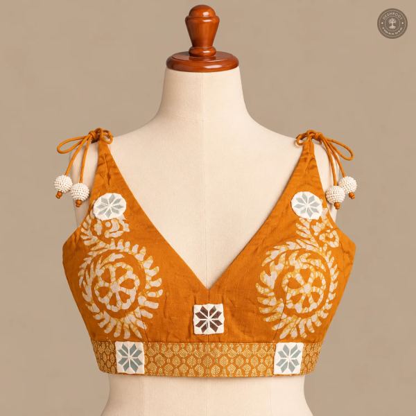 Mustard Orange Pure Dola Silk Blouse with Hand Mirror Patchwork