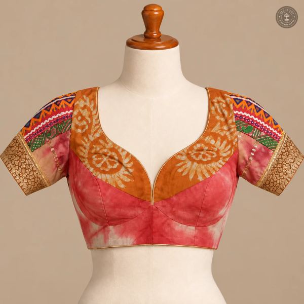 Coral Pink & Orange Pure Dola Silk Blouse with Printed Panel Detailing