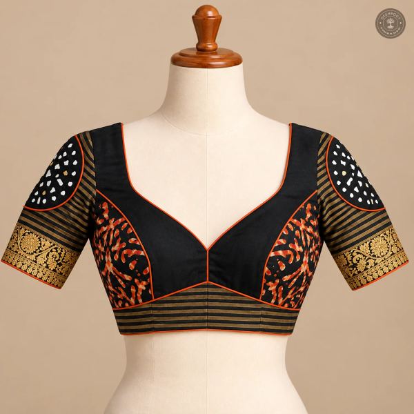 Black & Gold Dola Silk Navratri Choli with Mirror Work & Lace Detailing