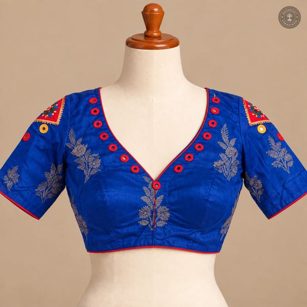Royal Blue Dola Silk Blouse with Handmade Mirror Patch Work