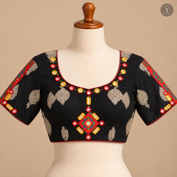Black Dola Silk Navratri Choli with Hand Mirror Work & Patch Detailing