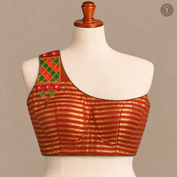 Rust Red Gold Striped Dola Silk One-Shoulder Blouse