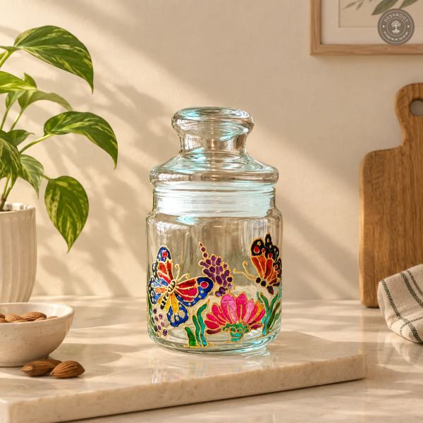 Hand Painted Butterfly & Floral Glass Jar - Airtight Decorative Storage Jar
