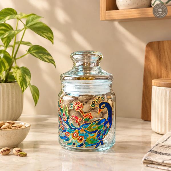 Hand Painted Peacock Glass Jar - Airtight Decorative Storage Jar