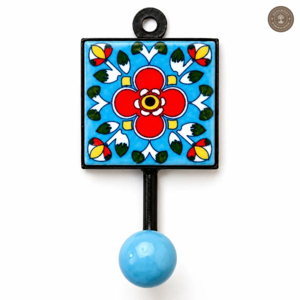 Handcrafted Jaipur Blue Pottery Wall Hook – Hand-Painted Floral Ceramic Tile with Metal Hook for Keys, Bags, Towels, Scarves & Home Décor