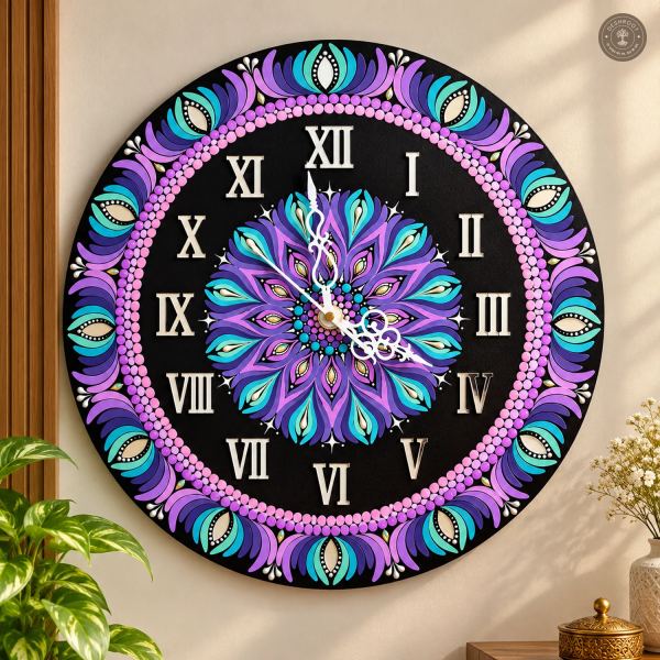 Purple Teal Dot Mandala Clock