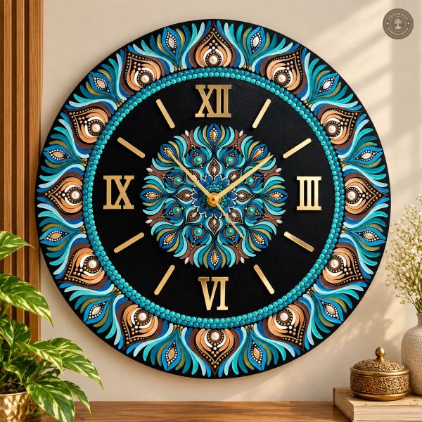 Teal Gold Dot Mandala Clock