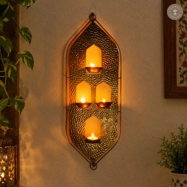 Golden Hammered Iron Wall Hanging Tealight Candle Holder with 4 Slots