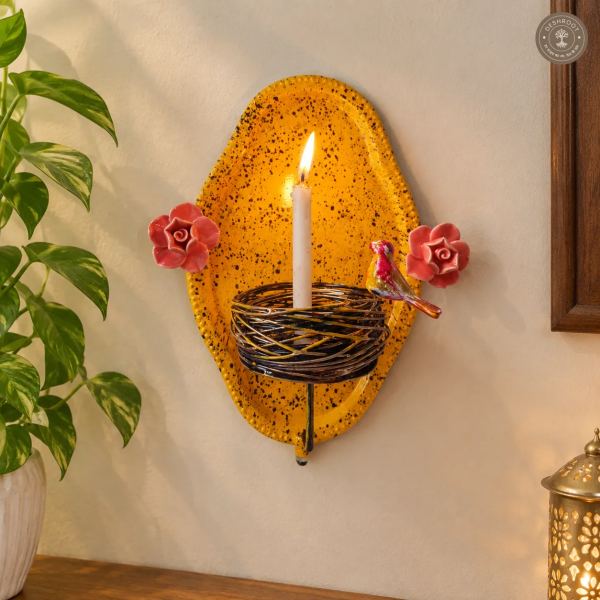 Decorative Iron Floral Wall Hanging Tealight Candle Holder with Bird Accent