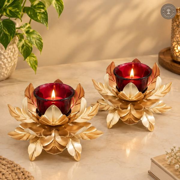 3 Layer Flower Tealight Candle Holder with Glass - Set of 2