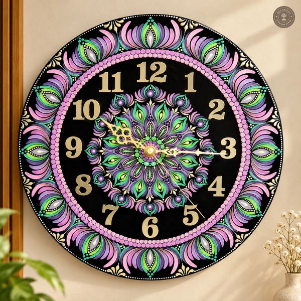 Purple Green Dot Mandala Resin Clock