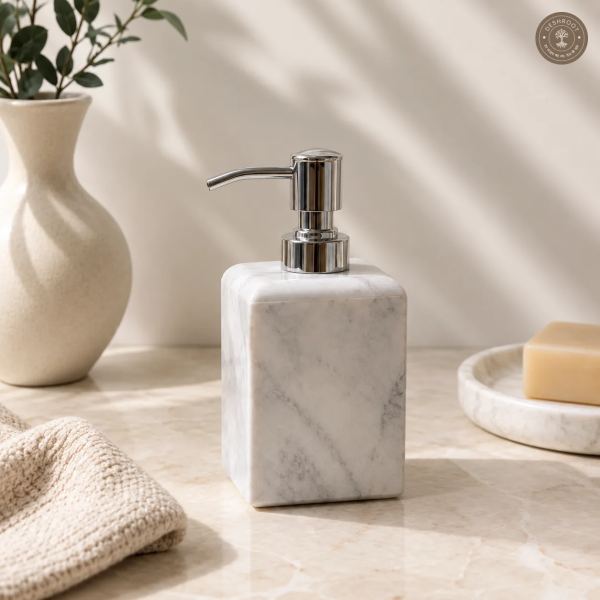 Premium Agra Marble Craft Soap Dispenser - Handcrafted Natural White Marble Liquid Soap Pump with Stainless Steel Dispenser for Bathroom & Kitchen