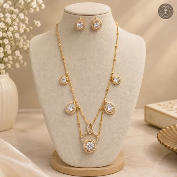Elegant Gold Tone CZ Layered Necklace & Earring Set