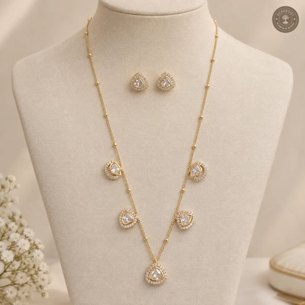 Premium Gold Tone Crystal Triangle Pendant Necklace Set
