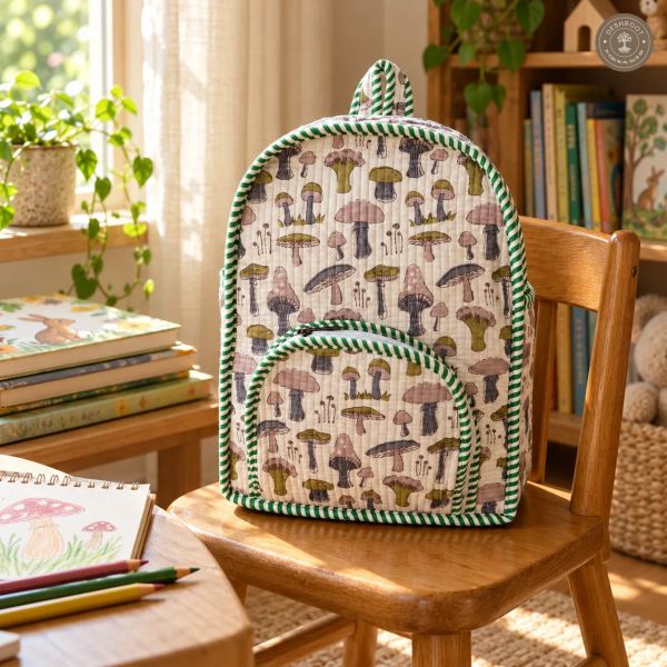 Handcrafted Quilted Mushroom Print Cotton Kids Backpack – Lightweight School & Travel Bag