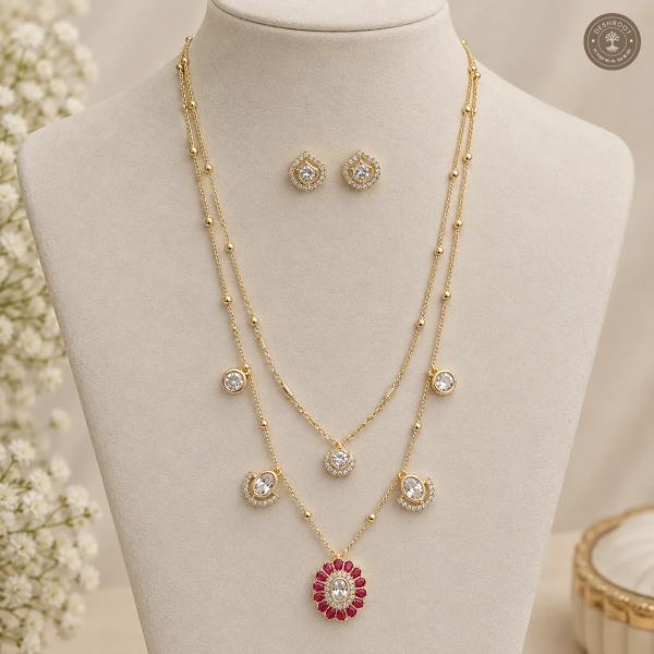 Premium Gold Tone Red Stone Layered Necklace Set