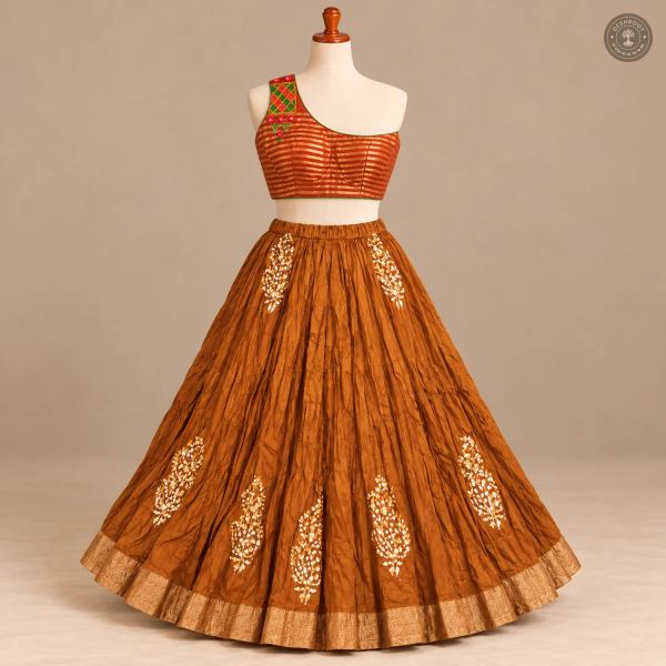 Rust Dola Silk Chaniya Choli Set with One-Shoulder Blouse
