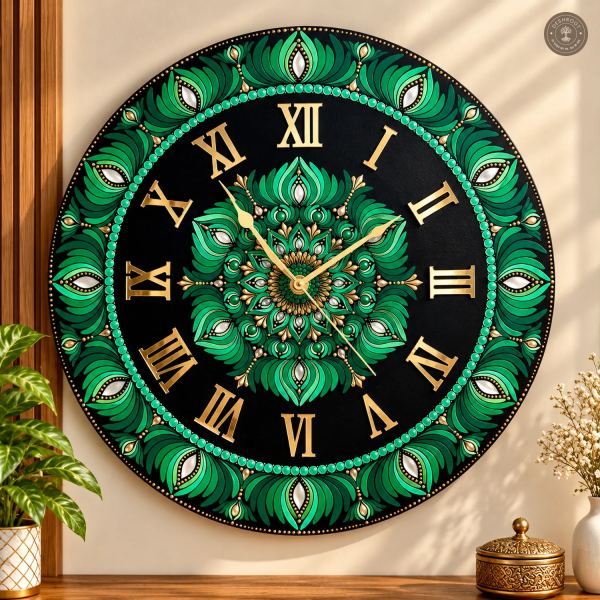 Green Gold Dot Mandala Clock