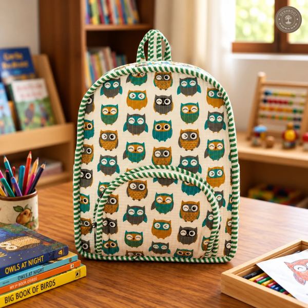 Handcrafted Quilted Owl Print Cotton Kids Backpack – Lightweight School & Travel Bag