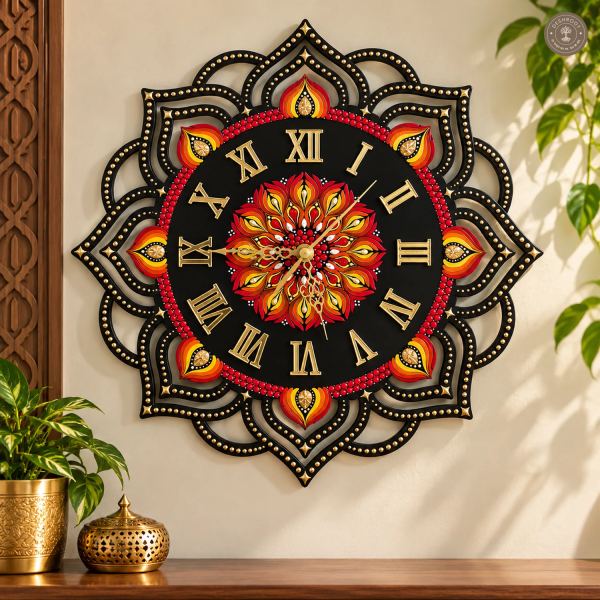 Red Gold Dot Mandala Clock