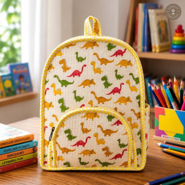 Handcrafted Quilted Dinosaur Print Cotton Kids Backpack – Lightweight School & Travel Bag