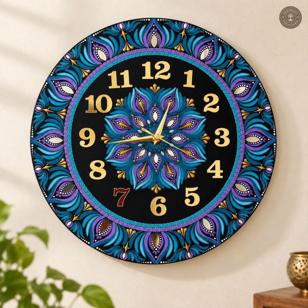Blue Purple Gold Dot Mandala Clock