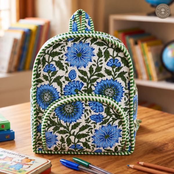 Handcrafted Quilted Blue Floral Cotton Kids Backpack – Lightweight School & Travel Bag