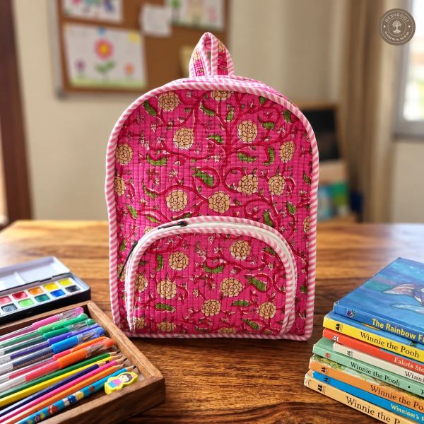 Handcrafted Quilted Floral Cotton Kids Backpack – Pink Printed School & Travel Bag