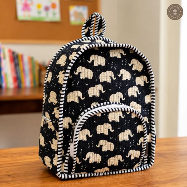 Handmade Cotton Kids Backpack with Elephant Print