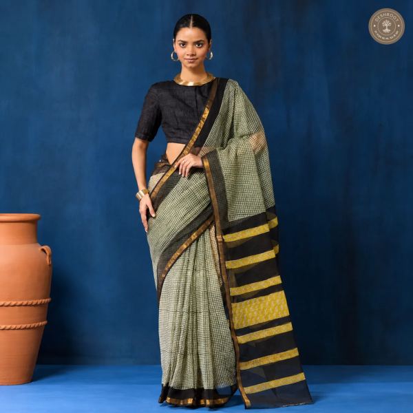 Hand Block Printed Kota Doriya Saree for Women | Lightweight Traditional Indian Saree with Blouse Piece