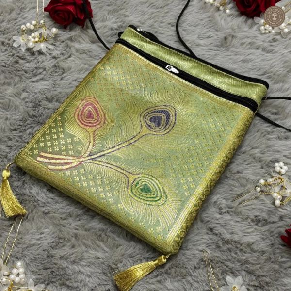Green Banarasi Silk Brocade Sling Bag For Women
