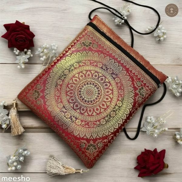 Red Banarasi Silk Brocade Sling Bag For Women