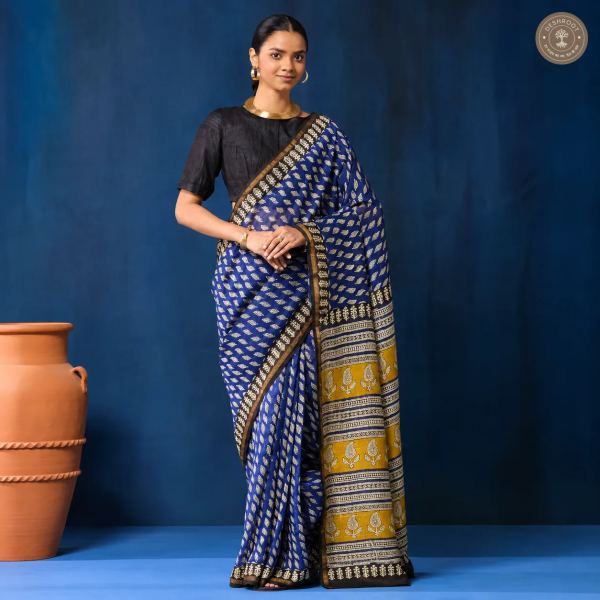 Bagru Hand Block Printed Chanderi Silk Saree for Women | Lightweight Traditional Saree with Blouse Piece