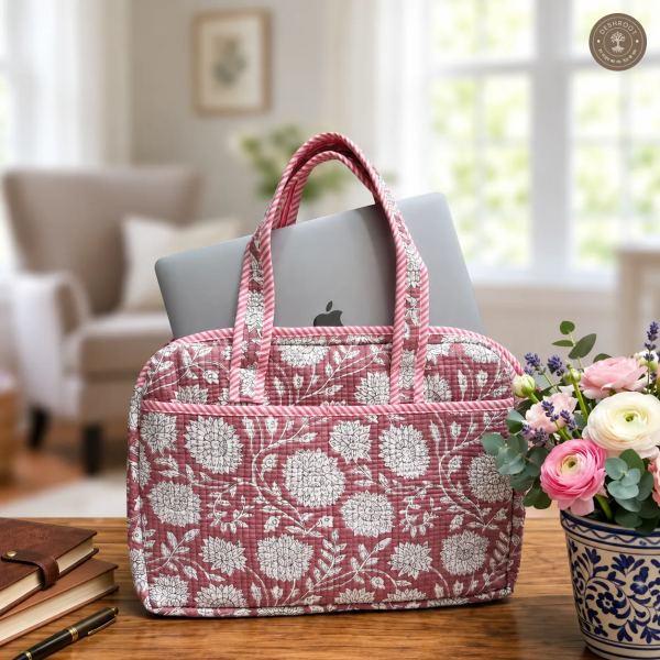 Vintage Rose Quilted Laptop Bag – Handcrafted Floral Cotton Laptop Bag