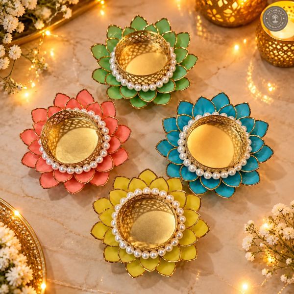 2 pieces of Handcrafted Lotus Diya & Tea Light Holder with Pearl Detailing